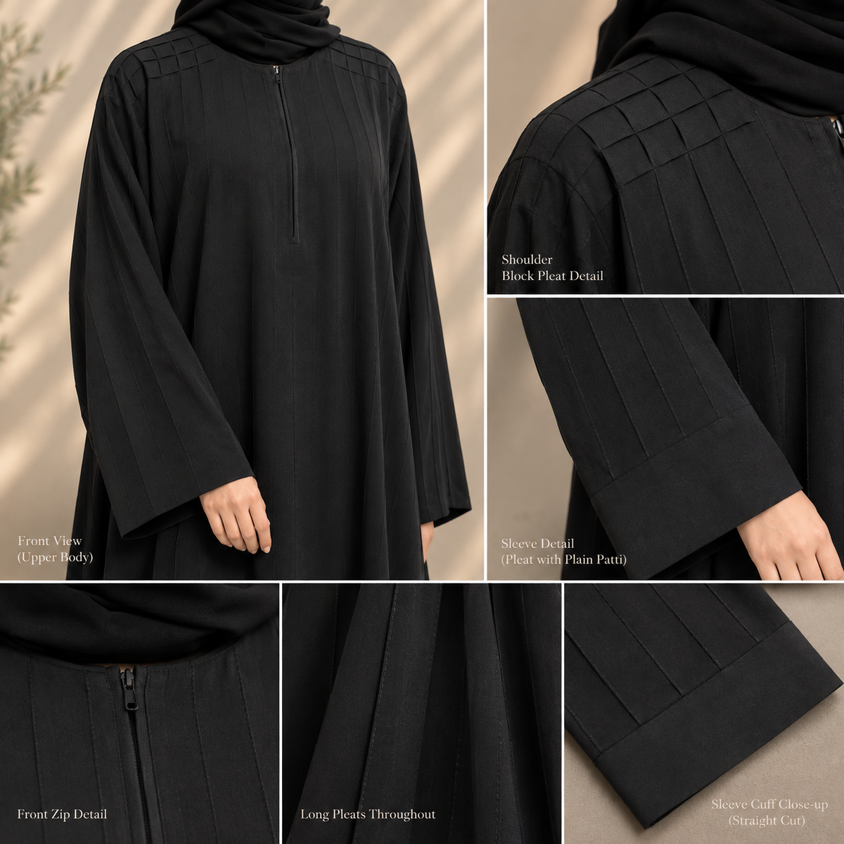Pleated Black Abaya - Front Close