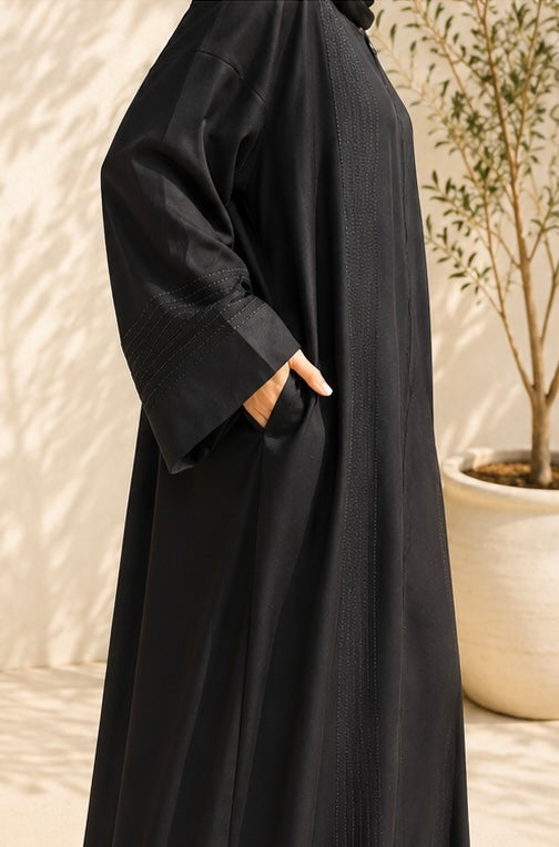 Pleated Black Abaya - Front Open