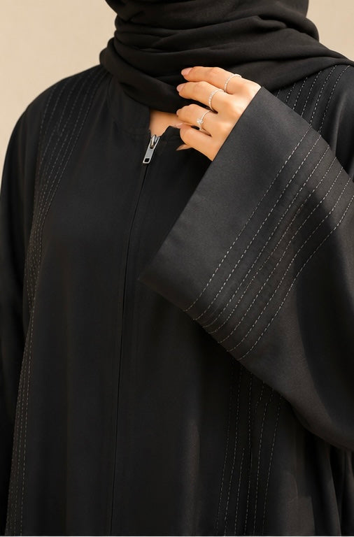 Pleated Black Abaya - Front Open
