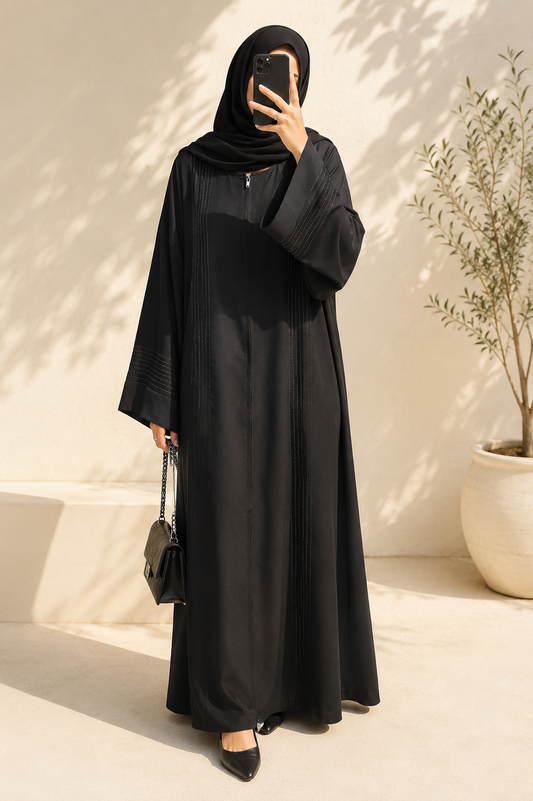 Pleated Black Abaya - Front Open